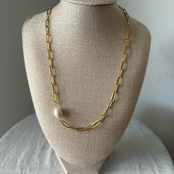 18K GOLD PLATED PAPERCLIP SINGLE REAL PEARL 18” - Picture 6 of 7